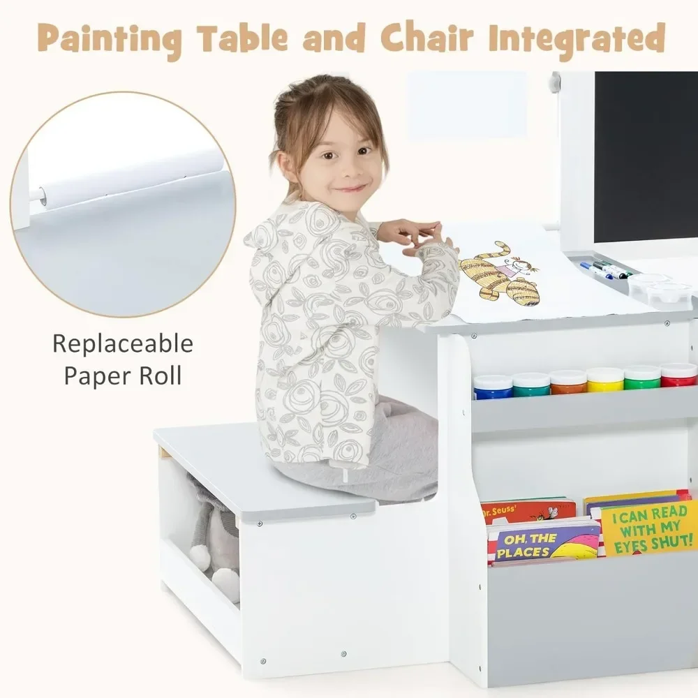 3 in 1 Kids Art Table and Chair Set, Toddler Craft and Play Wood Activity Desk with Double-Sided Easel Blackboard Whiteboard