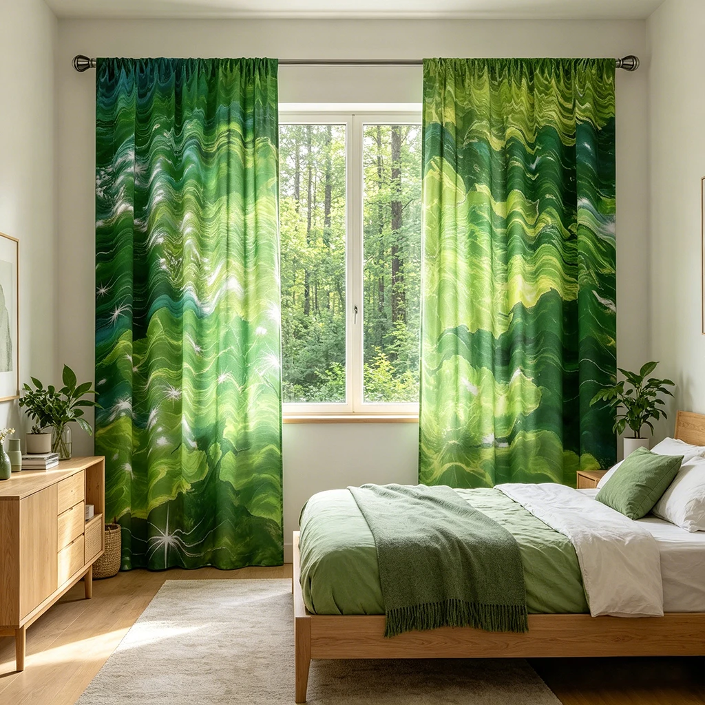 2PCS Green Abstract Swirl Printed Curtains Floral Window Treatment Print Curtains for Bedroom Decor