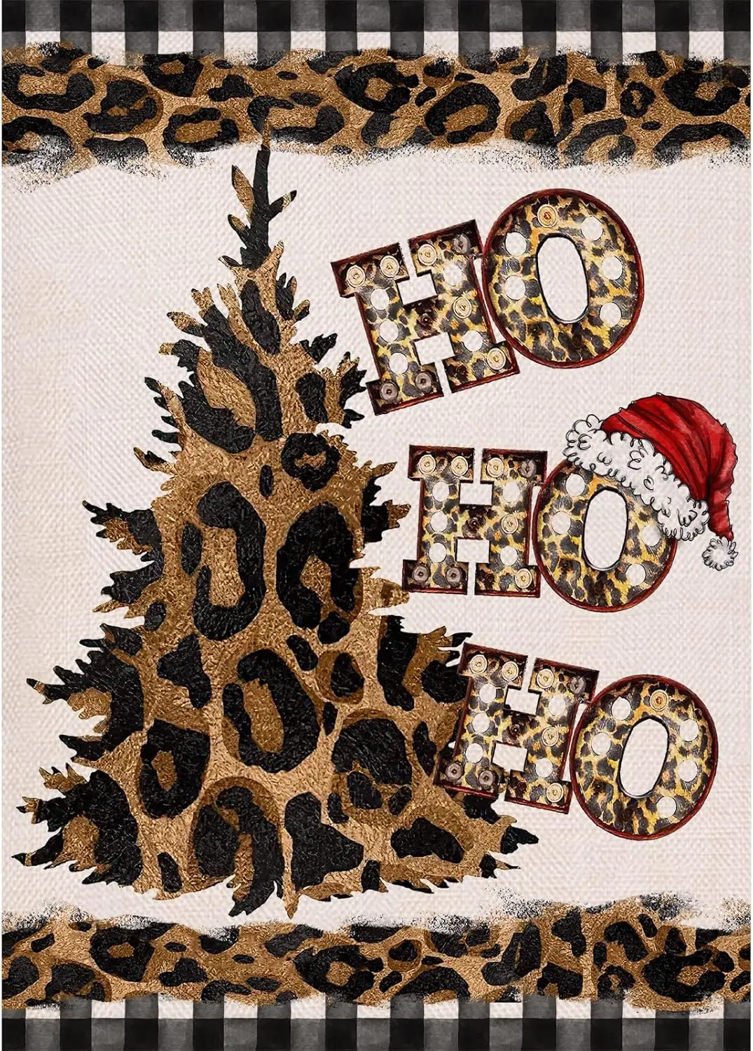 Selmad HOHOHO Leopard Christmas Tree Decorative Burlap Garden Flag, Xmas Hat Cheetah Home Yard Small Outdoor Decor, Winter Outsi