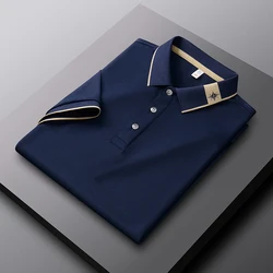 High end luxury brand men's short sleeved POLO shirt 2024 summer printed silk ice silk comfortable casual business T-shirt