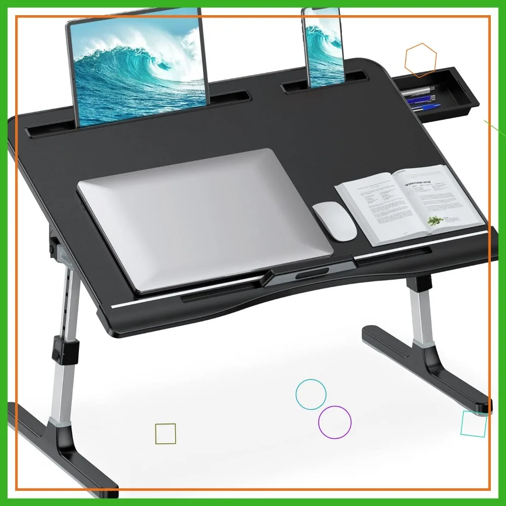 

Adjustable Leather Bed Desk with Foldable Legs, X-Large Laptop Stand for Bed Couch Floor Use, Black