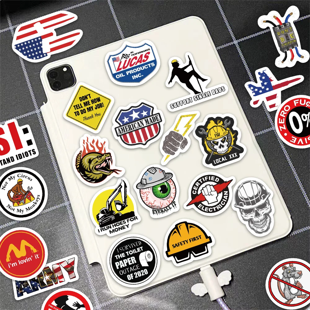 98PCS brand logo fun safety helmet stickers motorcycle car tools construction workers helmet decoration laptop bicycle stickers