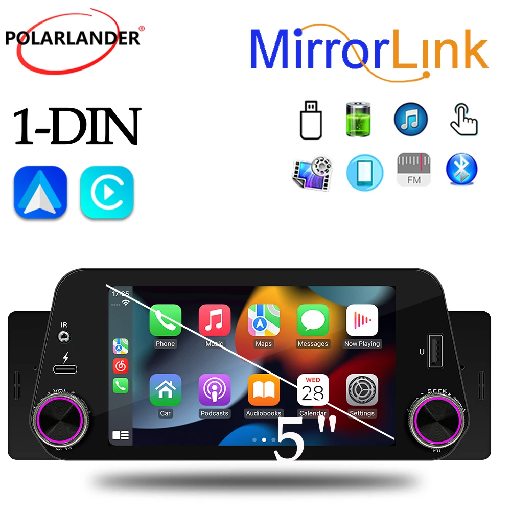 ستيريو سيارة فردي Din مقاس 5 بوصات مع Apple CarPlay/Android Auto، بلوتوث 5.1 بدون استخدام اليدين، مشغل فيديو راديو FM USB بشاشة تعمل باللمس