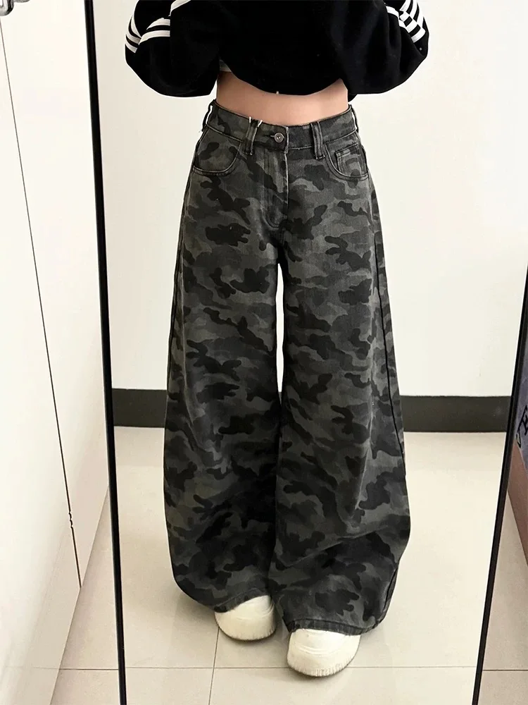 

Камуфляжные рабочие брюки с высокой талией Y2K, плюшевые зимние джинсы, женские потертые узкие джинсы в стиле ретро в стиле ретро