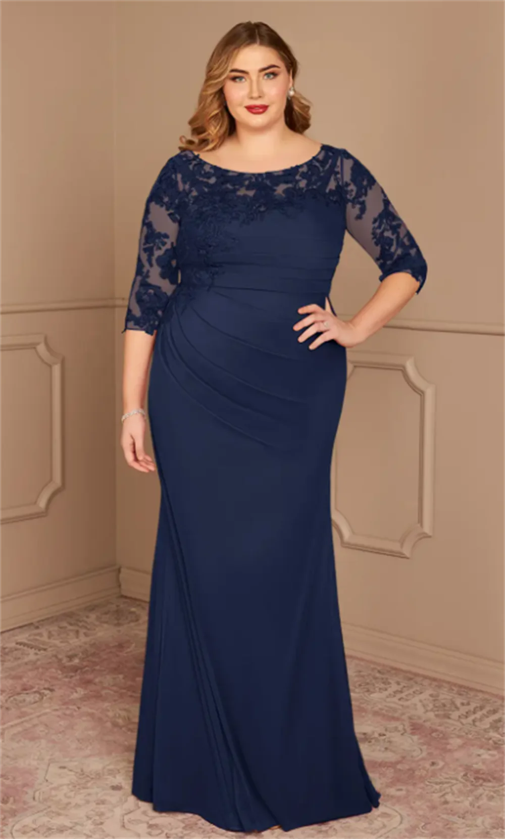 ​ Abito per la madre della sposa Abito elegante per la madre Girocollo formale Maniche a 3/4 Abito da sera plissettato applicato Personalizzato