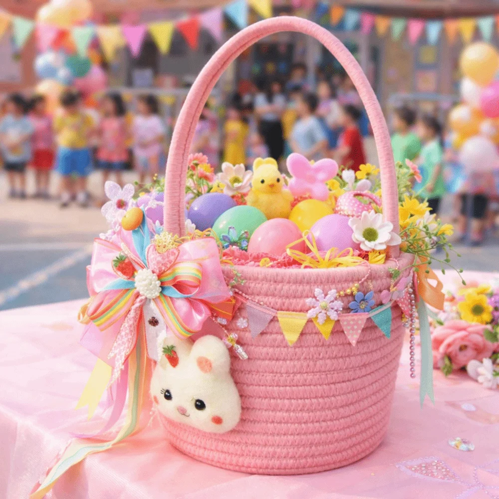 Cartoon Easter Gift Basket Hand-Woven Long Handle Gift Storage Basket Multi-Purpose Cotton Thread Handheld Woven Basket