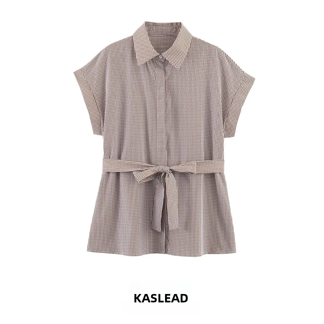 

KASLEAD Новая женская модная простая рубашка в клетку с завышенной талией и коротким рукавом, европейский стиль, из дышащего полиэфирного волокна