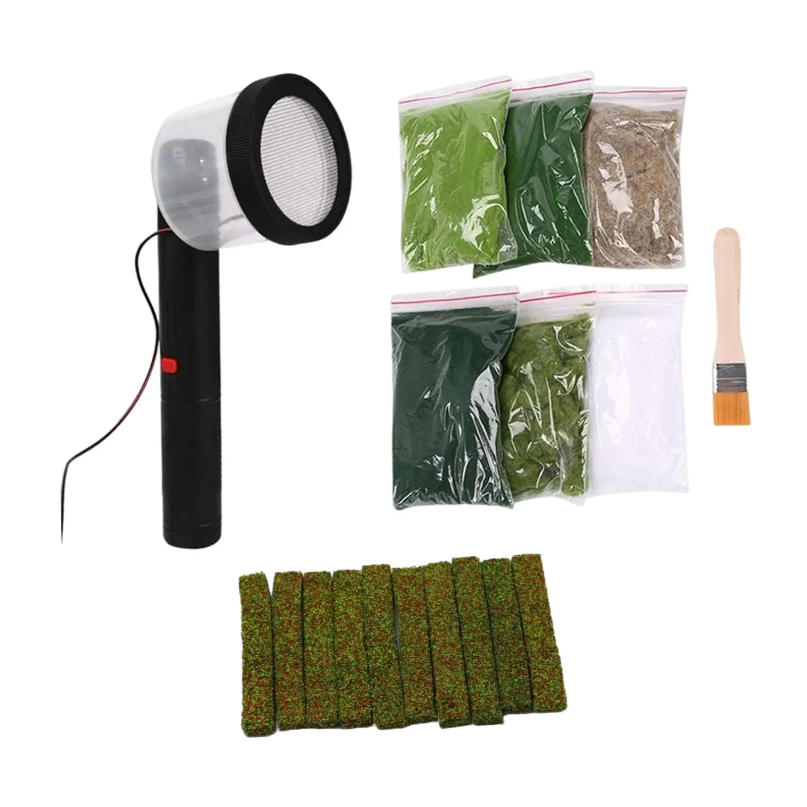 Static Grass Flocking Machine Hand Tool Portable Kit with Bushes for DIY Micro Landscape Sand Table Model Railway Decor