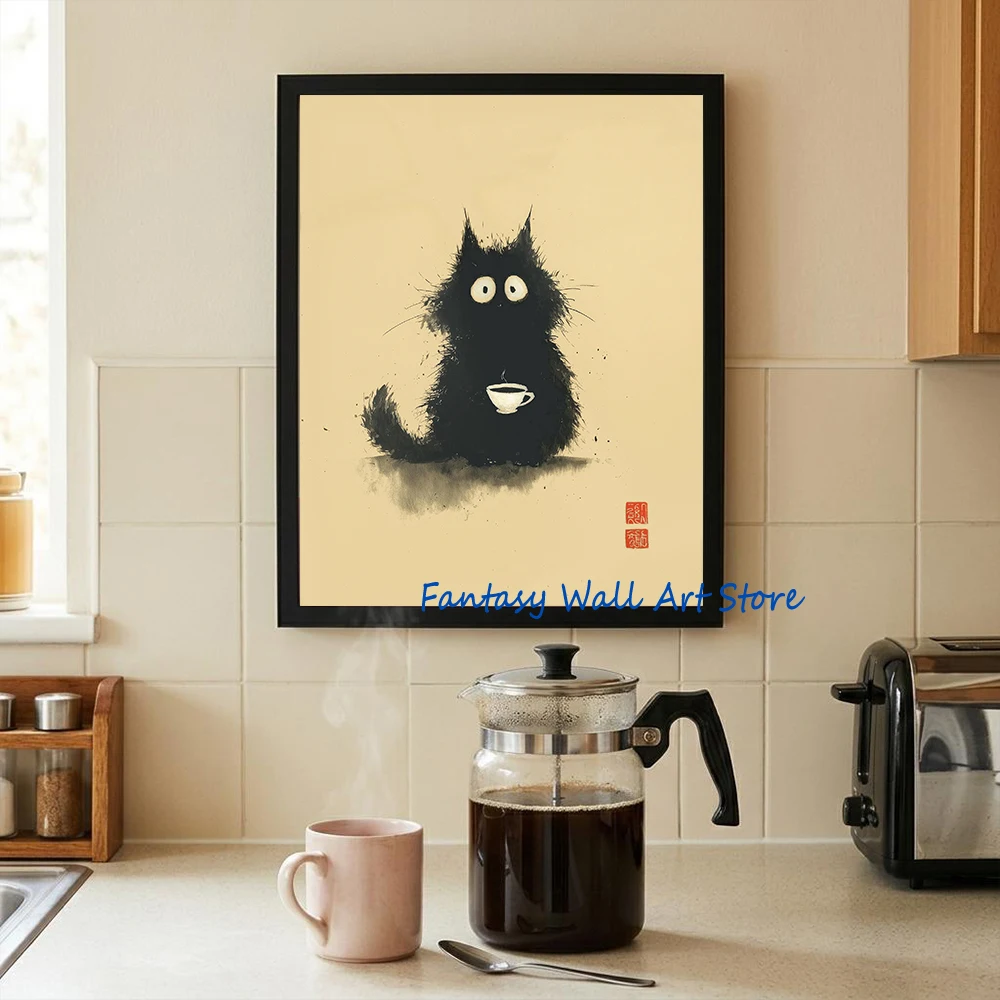 Japanese Cat Art Whimsical Poster Vintage Wall Art Cat Lover Living Room Home Kitchen Decor Eating Ramen Canvas Printing Decor