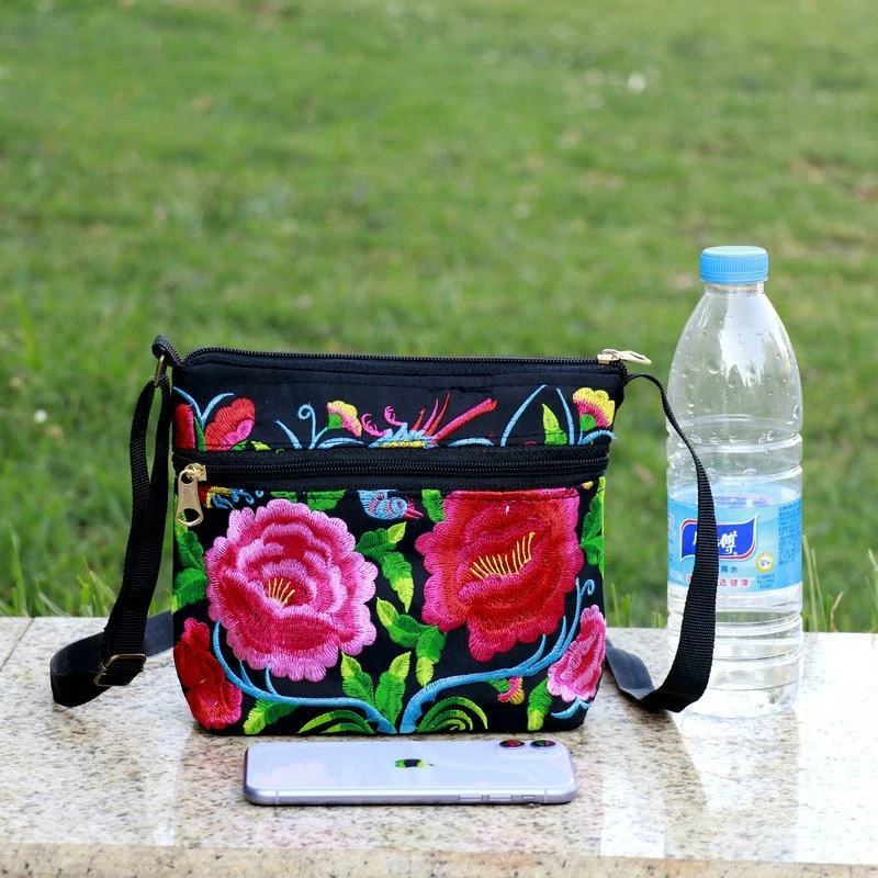 

Новая сумка с вышивкой в этническом стиле, женская сумка через плечо с тремя молниями, маленькие сумки для женщин, повседневные холщовые дорожные сумки
