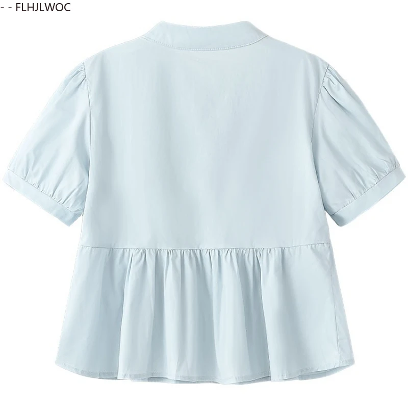 Leuke katoenmix tops kort nieuw ontwerp 2025, vrouw zomer korte mouw casual Japan meisjes retro opstaande kraag blauw vlinderdas shirt