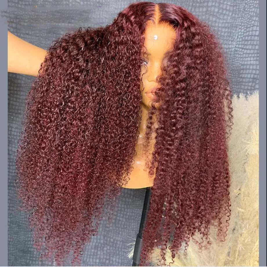 Perruque Lace Front Wig sans colle bordeaux, cheveux crépus bouclés, 99j, 26 pouces de long, densité 180, pour femmes noires, cheveux de bébé, préplumés, degré de chaleur