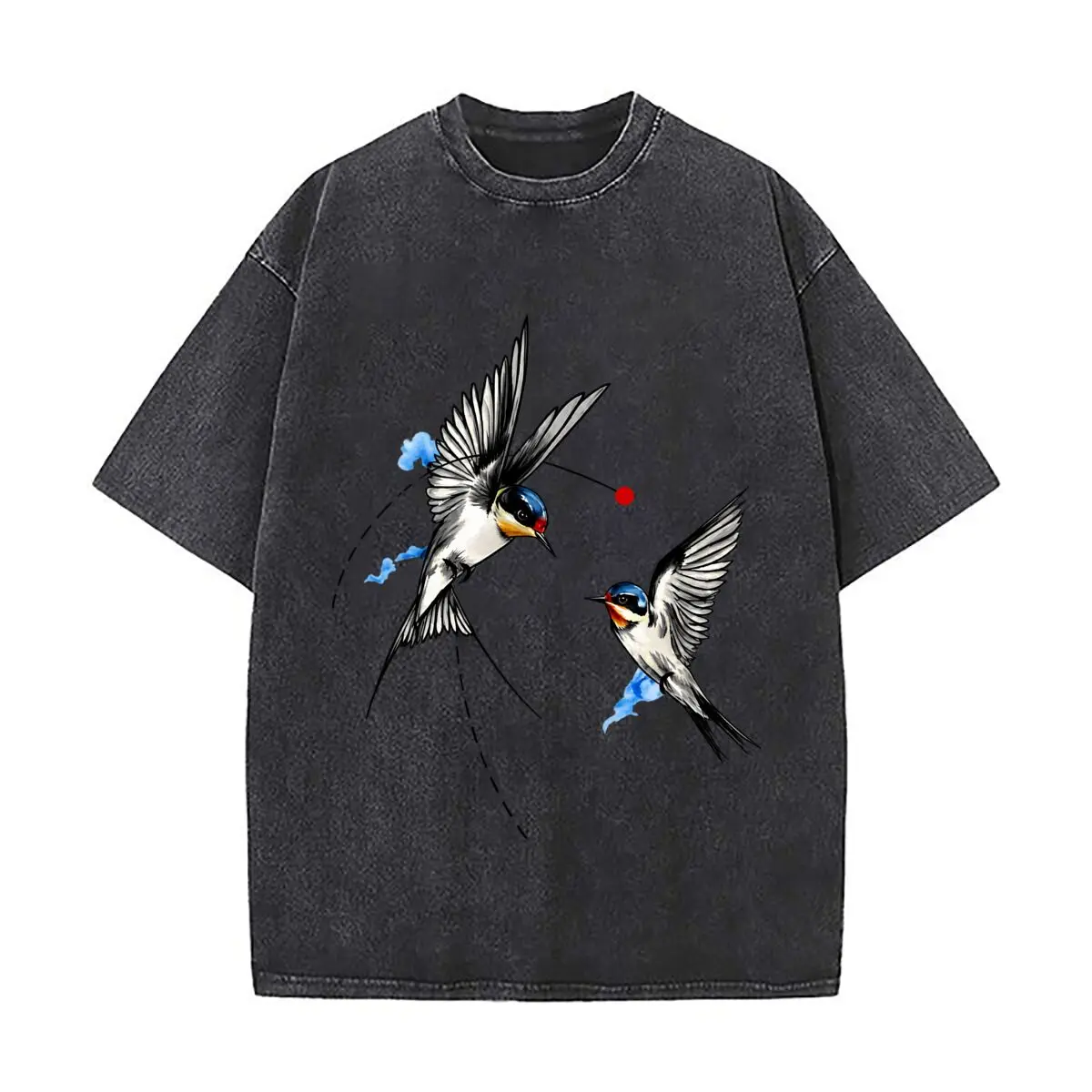 Two Flying Swallows Blue Clouds Bird Illustration Washed Vintage Short Sleeve Loose Streetwear Tee