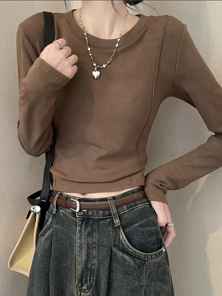 

Winter Thermal Underwear Women's O-Neck Plush Fishbone Slim One-piece Tops Wear Lady Autumn Winter Clothes Thick Bottoming Shirt