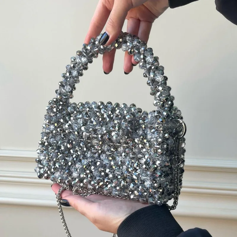 New Fashion Trend Silver Crystal Beaded Woven Small Square Bag 2024 High Quality Texture Luxury Sparkling Handheld Banquet Bags