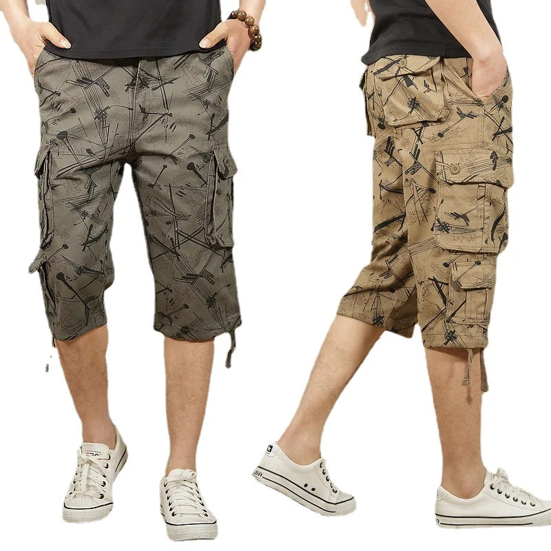 Long Length Cargo Shorts Men Summer Casual Cotton Multi Pockets Hot Breeches Cropped Trousers Military Camouflage Shorts 29-44