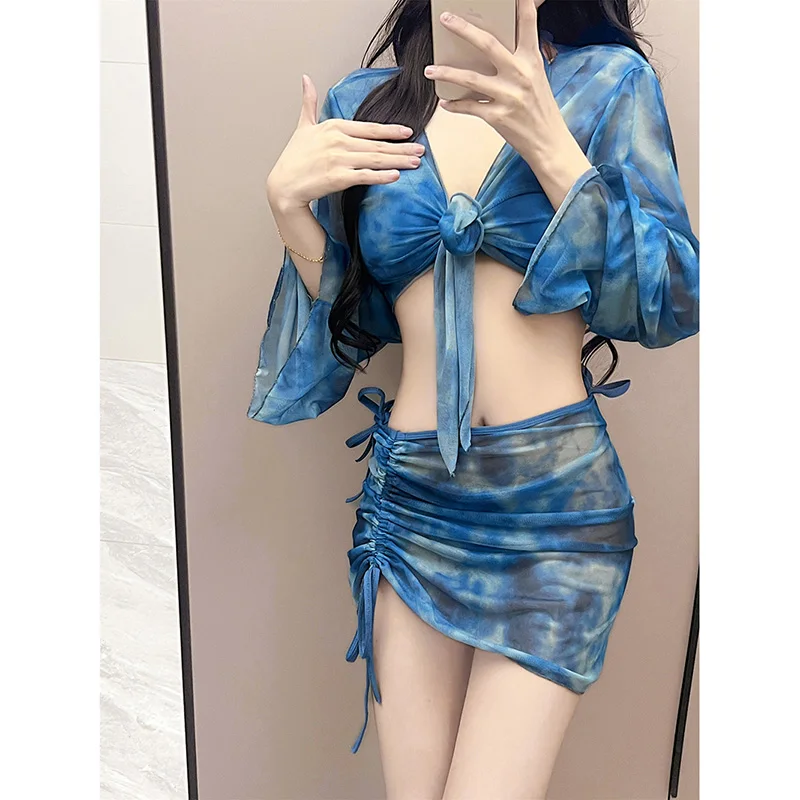 

Женский сексуальный комплект бикини из 4 предметов с эффектом тай-дай, элегантный пляжный комплект с завязками, шифоновый кардиган с длинными рукавами для защиты от солнца, комплект из 4 предметов