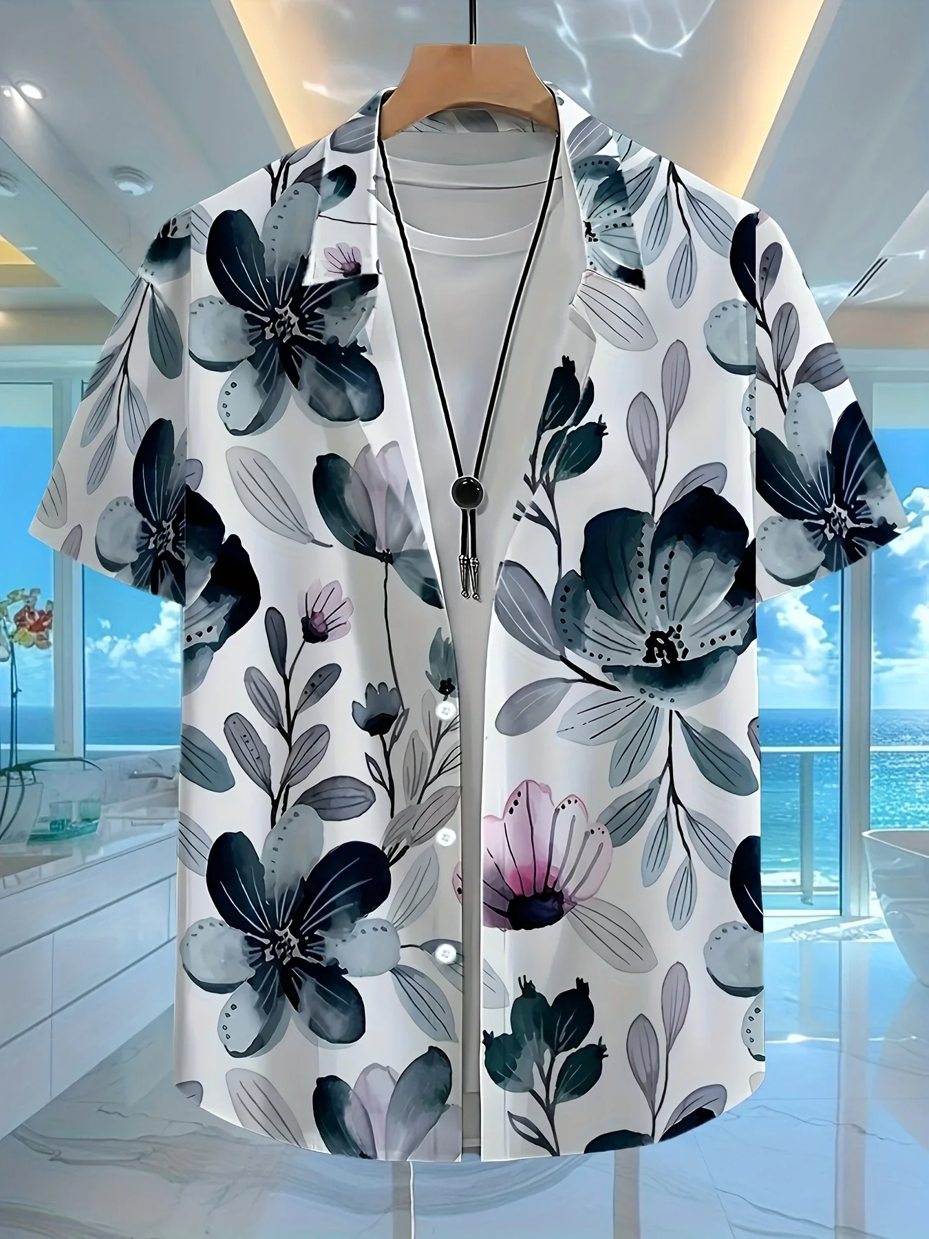 Summer Breathable Short Moderate Length Button Up Shirt Cream Base Big Tropical Flower Full Print Split Hem Vacation Shirt