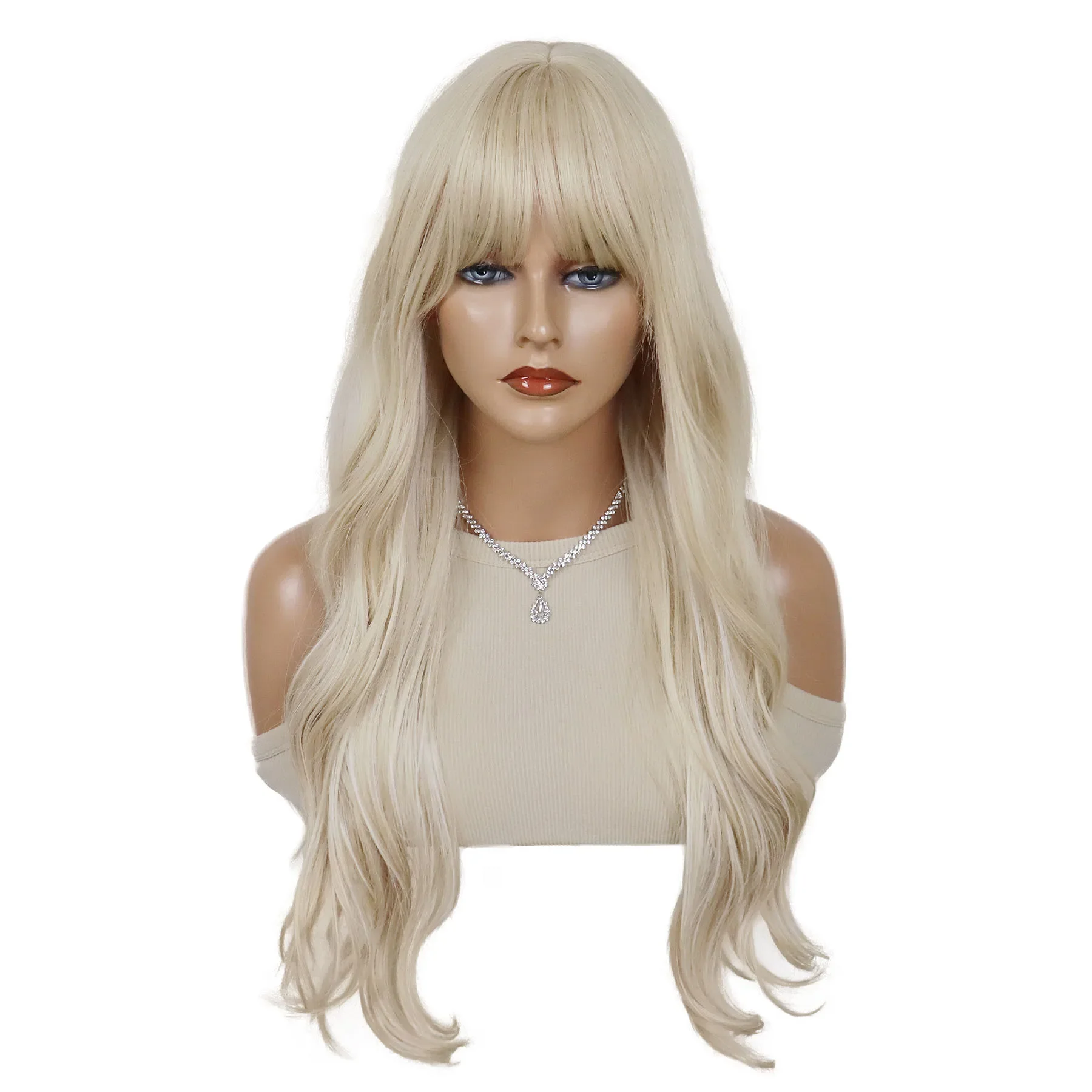Syntetyczna blond peruka z grzywką dla kobiet, długa kręcona falowana peruka odporna na ciepło dla dziewcząt, do codziennego użytku, na imprezy, Halloween, cosplay