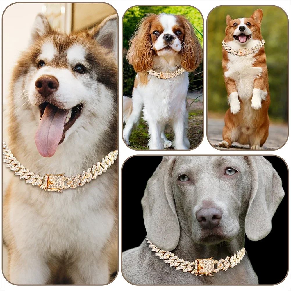 Dog Chain Diamond Cuban Collar Walking Metal Chain Collar with Design Secure Buckle, Pet Cat Cuban Collar Jewelry Accessories