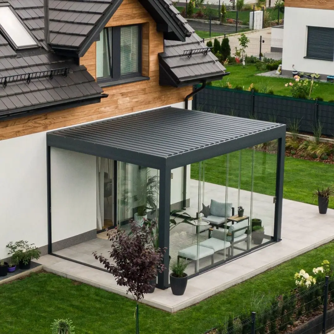 Aluminum Waterproof Outdoor Terrace Gazebo with LED Light Retractable Canopy Eco-Friendly Metal Alloy Coated Pergola Arch Design