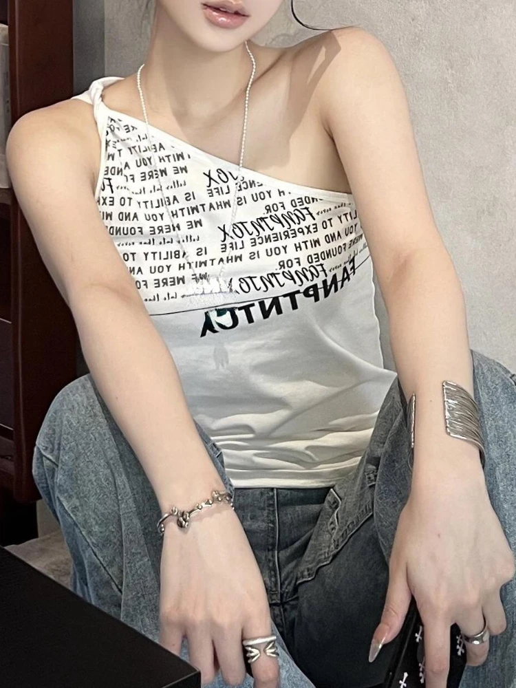 Camisola de alças com gola de crânio Y2K, impressão casual de cartas, colete Harajuku, streetwear, slim fit, grunge, tanques brancos E-Girl, 2021