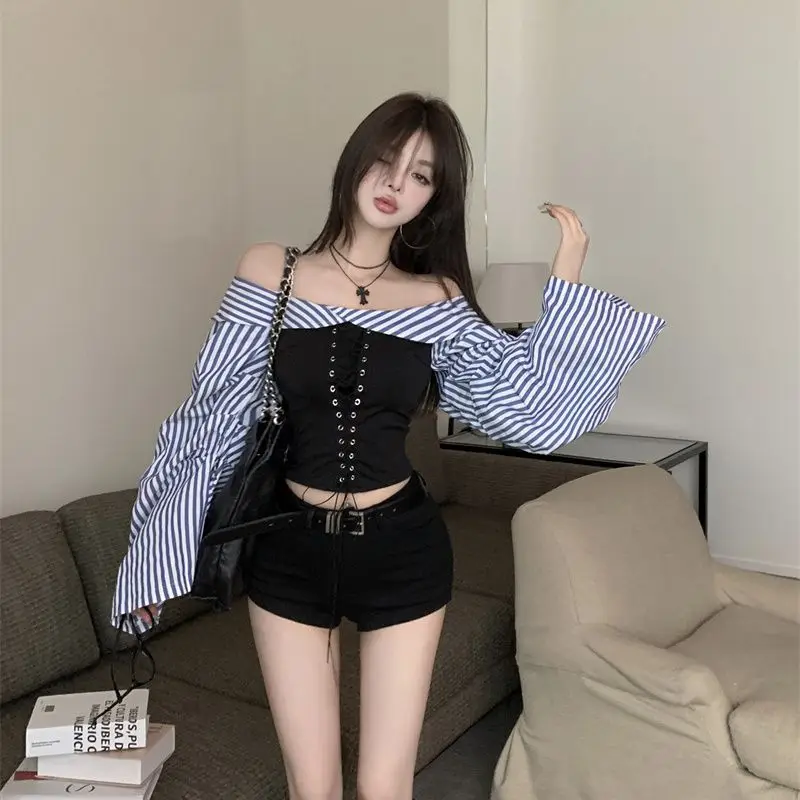 Harajuku готическая винтажная полосатая рубашка без бретелек с длинными рукавами для женщин + осенние шорты с тонкой талией, новинка 2025, комплекты из двух предметов