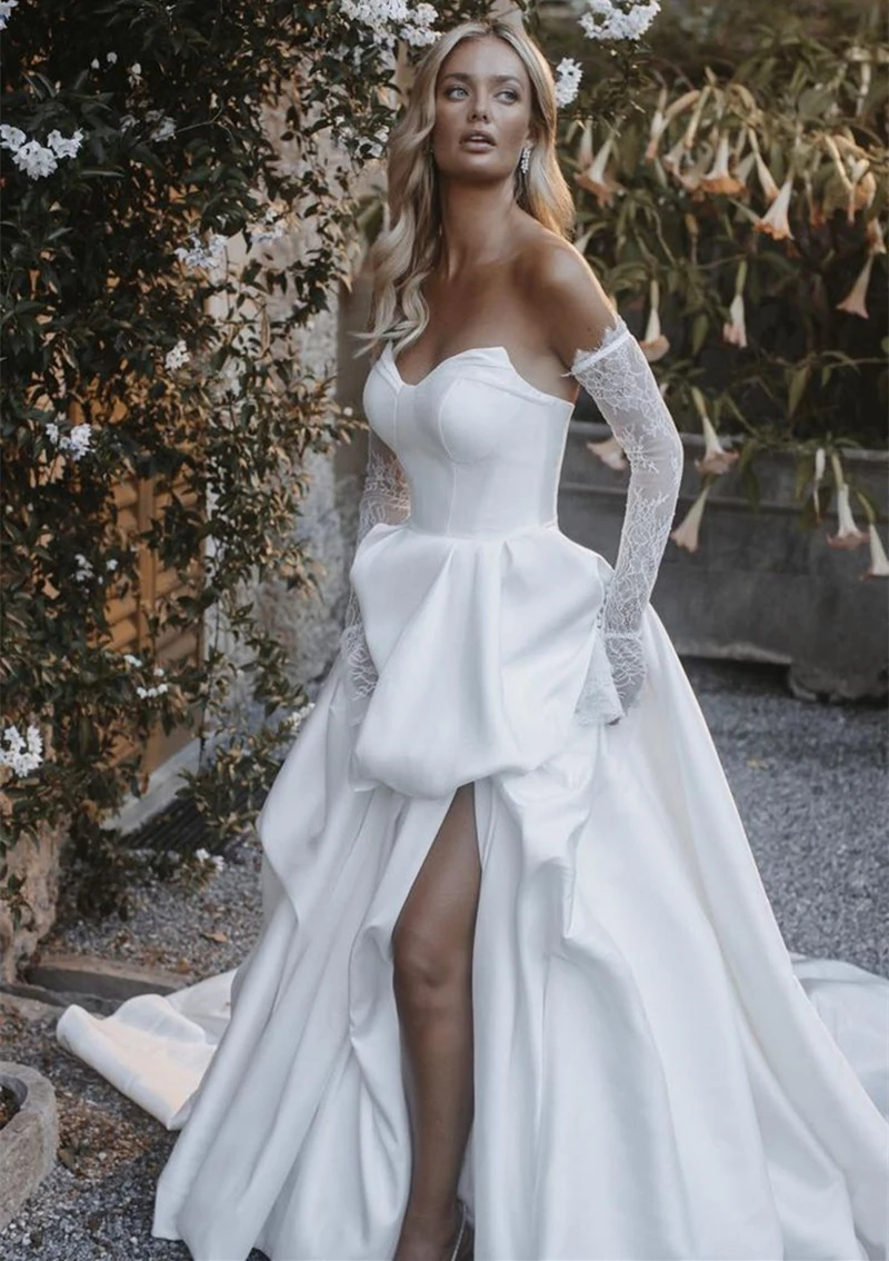 

Белое атласное простое платье трапециевидной формы с карманами, съемными длинными рукавами и боковым разрезом, пляжное свадебное платье для невесты, лето 2023 г.