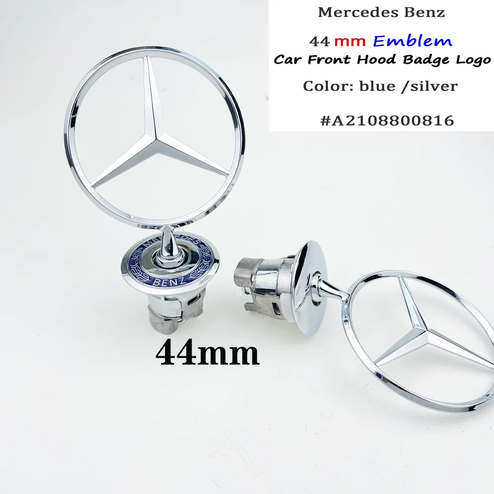 44mm 3D Metal Blue Chrome Star Bonnet Hood Logo Emblem Badge for Mercedes Benz W202 W203 W204 W208 W210 W220 W221 