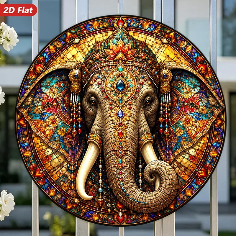 CIFBUY Bohemian Elephant Head Aluminum Wall Art Waterproof Wear Resistant Round for Living Room Bedroom Study Entryway Home Deco