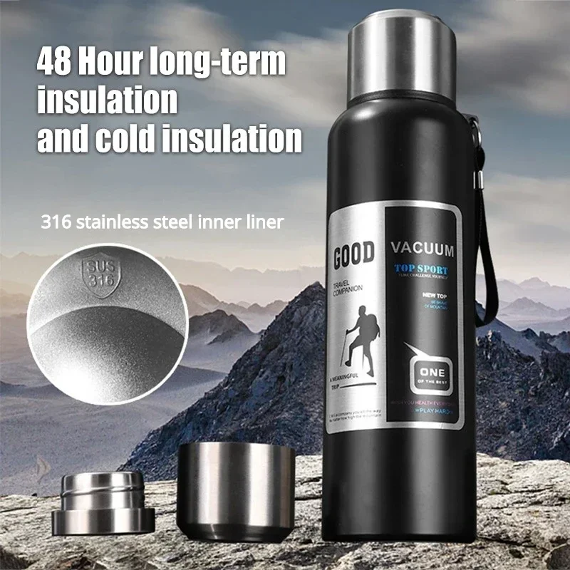 

600-2000ml Stainless Steel Thermos Water Bottle Portable Large Capacity Vacuum Flasks Cold And Hot Thermal Thermos With Rope