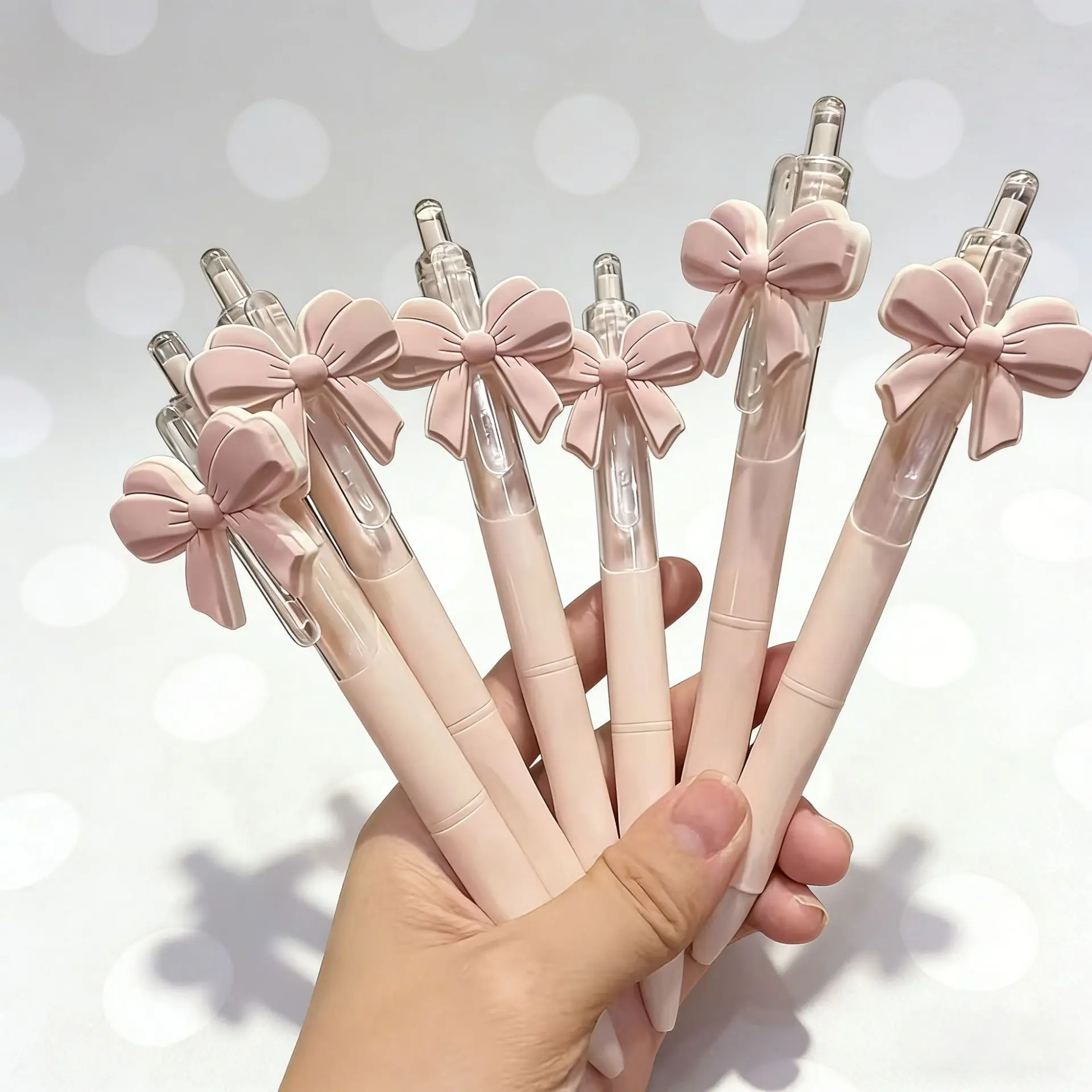 Stylos à Gel rétractables avec nœud rose Kawaii, 0.5mm, grande capacité, écriture fluide, encre noire, papeterie esthétique, fournitures scolaires, 5 pièces