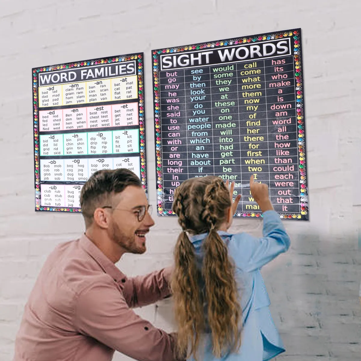 2Pcs Word Family Sight Words Posters Educational School Classroom Learning Chart Wall Decor for Study Room