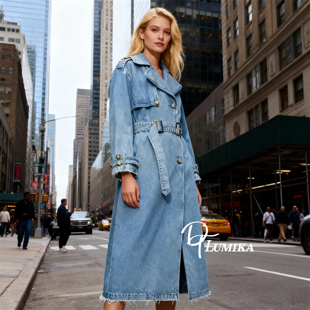 

DTLumika Джинсовые ветровки для женщин Модное осеннее базовое длинное пальто Двубортная офисная повседневная одежда