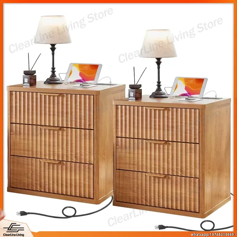 Fluted Farmhouse Nightstand Set of 2 with USB Charging Station 23 Inch Wide 3 Drawer Nightstand Walnut Wood Bedroom Furniture