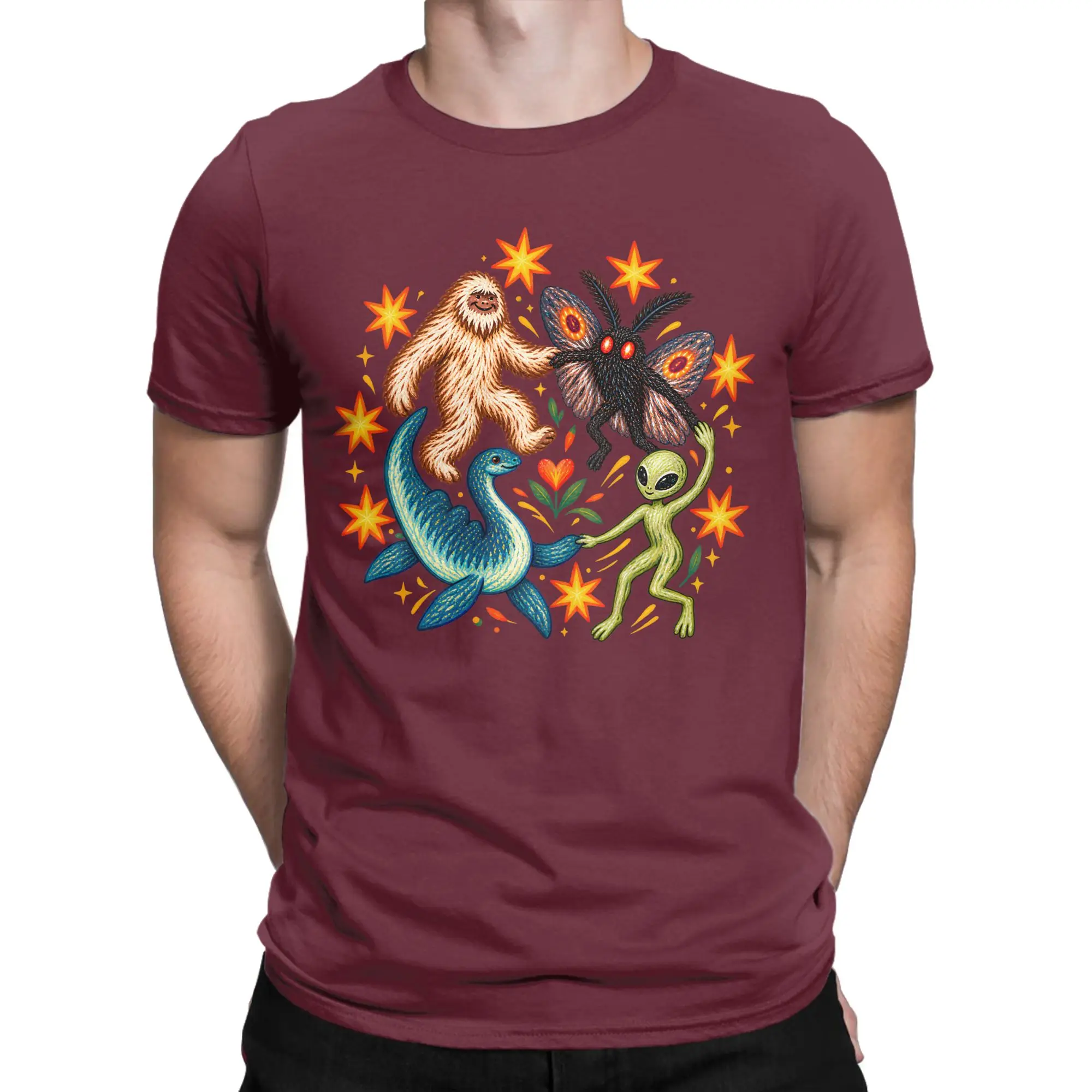 Men Women Monsters Dancing Cryptids  T Shirt Bigfoot Alien Mothman Loch Ness Cotton Clothes Funny Short Sleeve Crewneck T Shirt