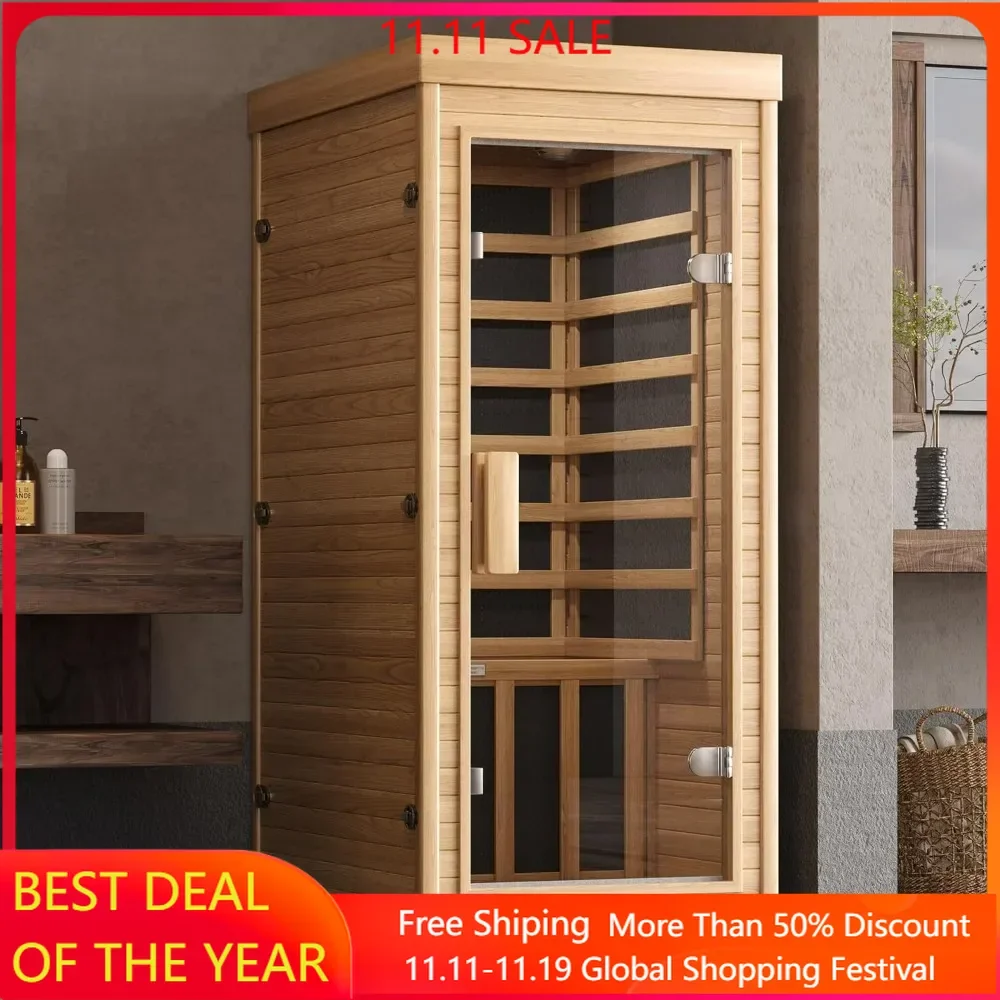 Infrared Home Sauna Room Hemlock Wooden Indoor Dry Sauna, Low EMF 1150W/110V Heaters Panels, LCD Control Panel, Sauna Room