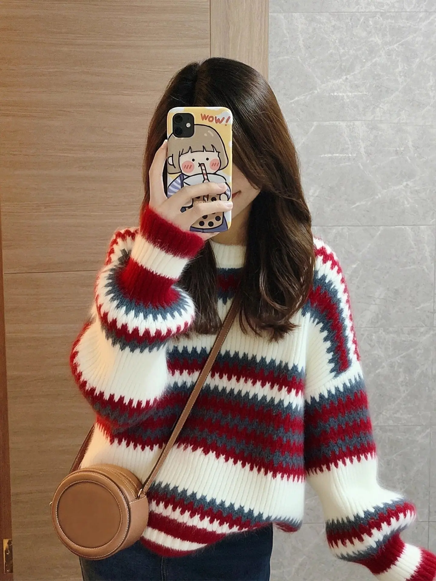 

Loose Fit Striped Knitted Sweater Women's Autumn Winter plus Size Comfortable Lazy Sle round Ne Color Blo Red Top
