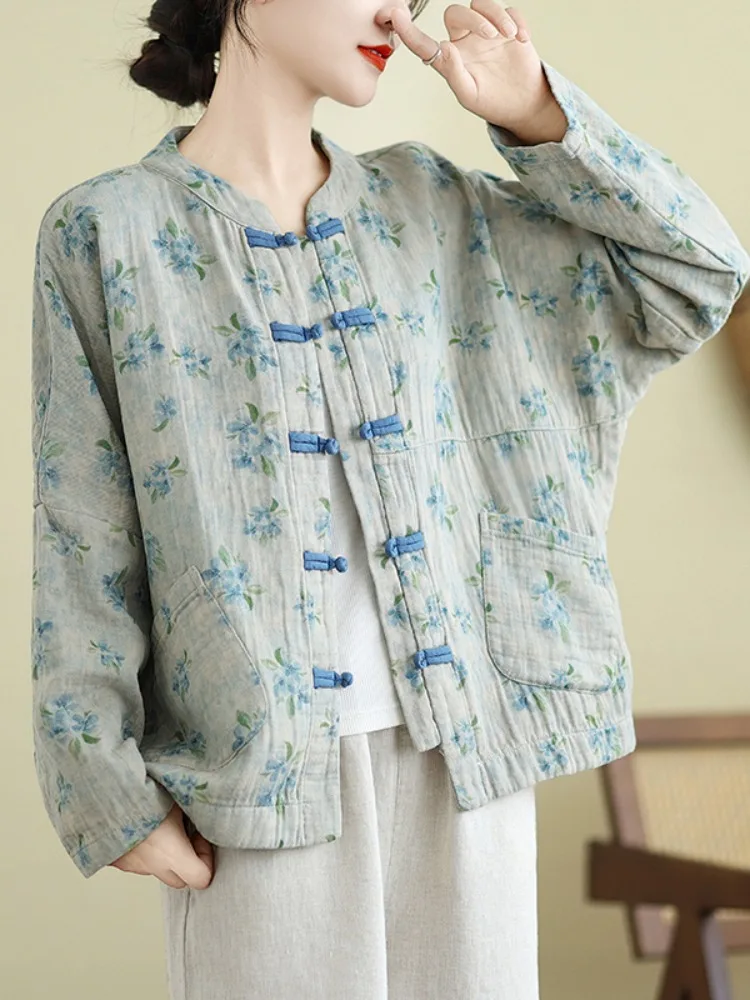 New Chinese Style Short Jacket Women's Cotton Linen Floral Print Button up Shirt Traveling Zen Meditation Home Wear Autumn Mo...