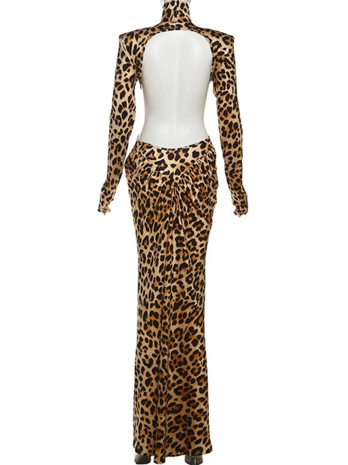 SsTss Women Elegant Leopard Print Maxi Dress 2025 New Fashion Turtleneck Long Sleeve Slim Ruched Bodycon Birthday Party Dresses