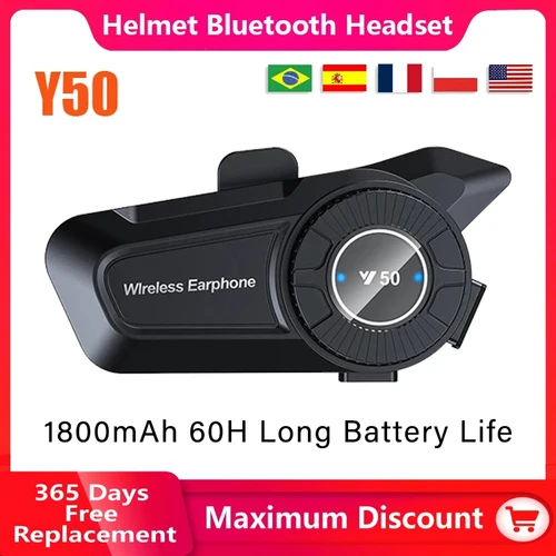 Imagen 1 del producto Y50-Auriculares Bluetooth para casco de motocicleta, cascos con batería de larga duración, IPX6, resistentes al agua, anticongelación, reproductor de música, 1800mAh, 60H