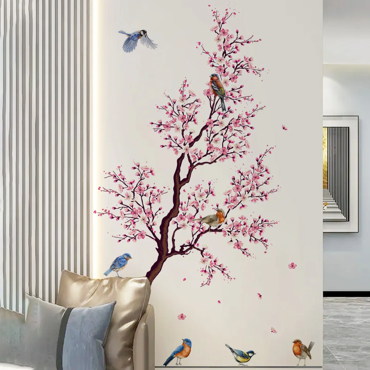 2pcs Peach Tree Branch Bird Wall Sticker  Living Room Background Wall Room Decoration Wall Stickers Self Adhesive Wall Stickers