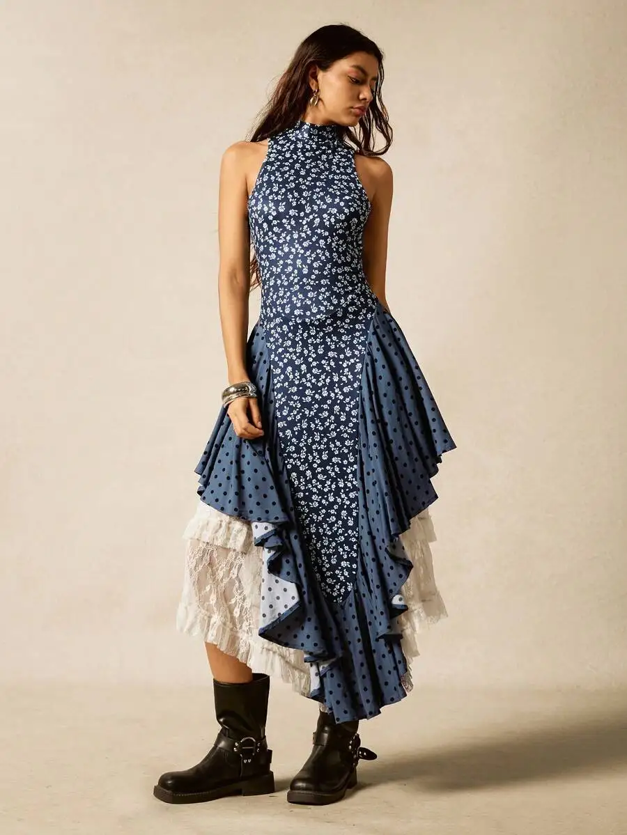 Vestido Boho con Estampado Floral y Puntos, Sin Mangas, Cuello Alto, Asimétrico, con Volantes, Atuendo de Verano para Mujer, Estilo Y2K