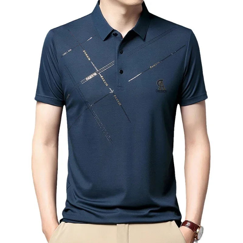 Camisa polo de manga curta masculina, lapela estampada, top casual fashion, verão