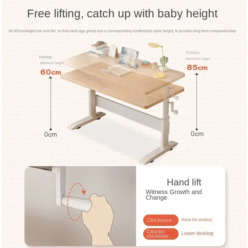 Multi-functional Solid Wood Computer Desk for Kids, Adjustable Height Writing Desk for Home and School