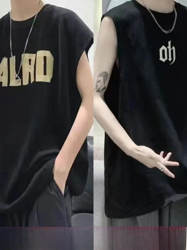 plus Size Men's Tank Top Summer Casual Sleeveless Hong Kong Style Sporty Fatty Loose Fit H-Shape Vest round Neck Printed Poly...