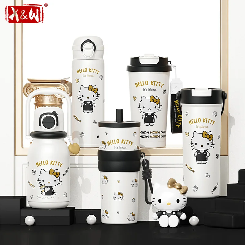 X&W Black Hello Kitty Series Thermos Cup Cartoon Stainless Steel Insulated Water Bottle Cold Hot Coffee Straw Cup Exquisite Gift