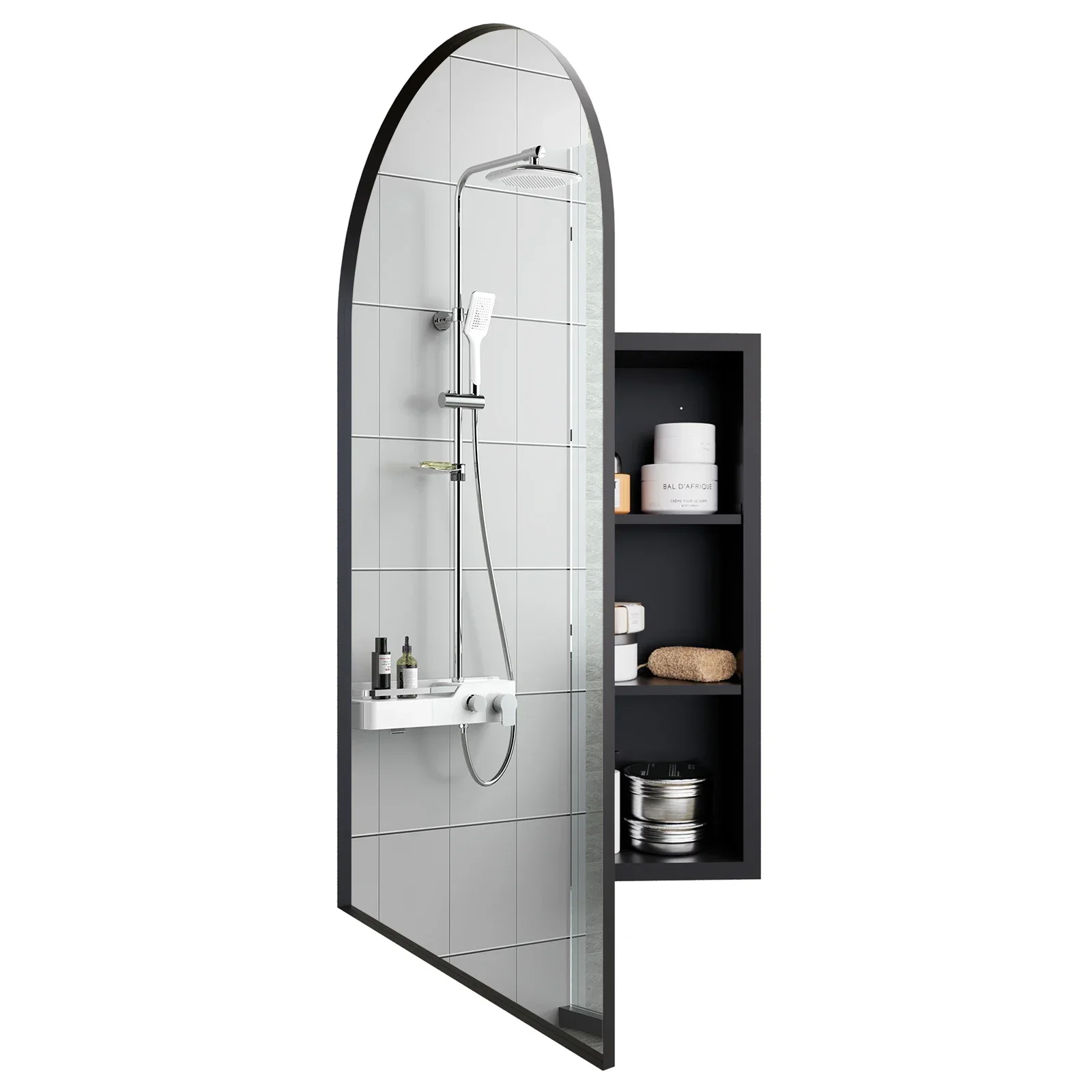 خزانة مرآة حمام مقوسة، قوس منحني، خزانة حمام مثبتة على الحائط، خزانة تخزين جاهزة مجمعة مع رف قابل للتعديل