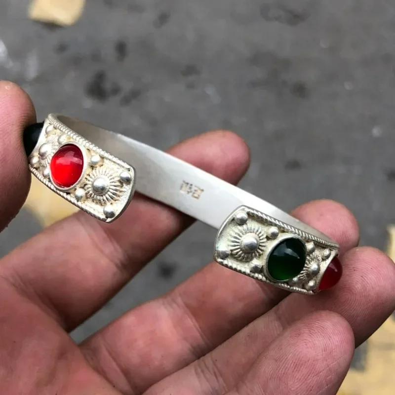 Antique Hand Carved Silver Plated White Copper Bracelet, Inlaid Red & Green Stone Beads, Retro Punk Bangle for Men Women