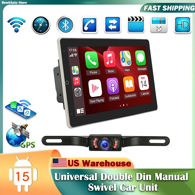 10in Universal Double Din Manual Rotatable Swivel Car Head Unit Car Stereo Support Wireless Carplay Android Auto Android 15 Audio Receiver Bluetooth MP5 Player USB FM Multimedia Radio Support Mirror Link SWC + Backup Camera